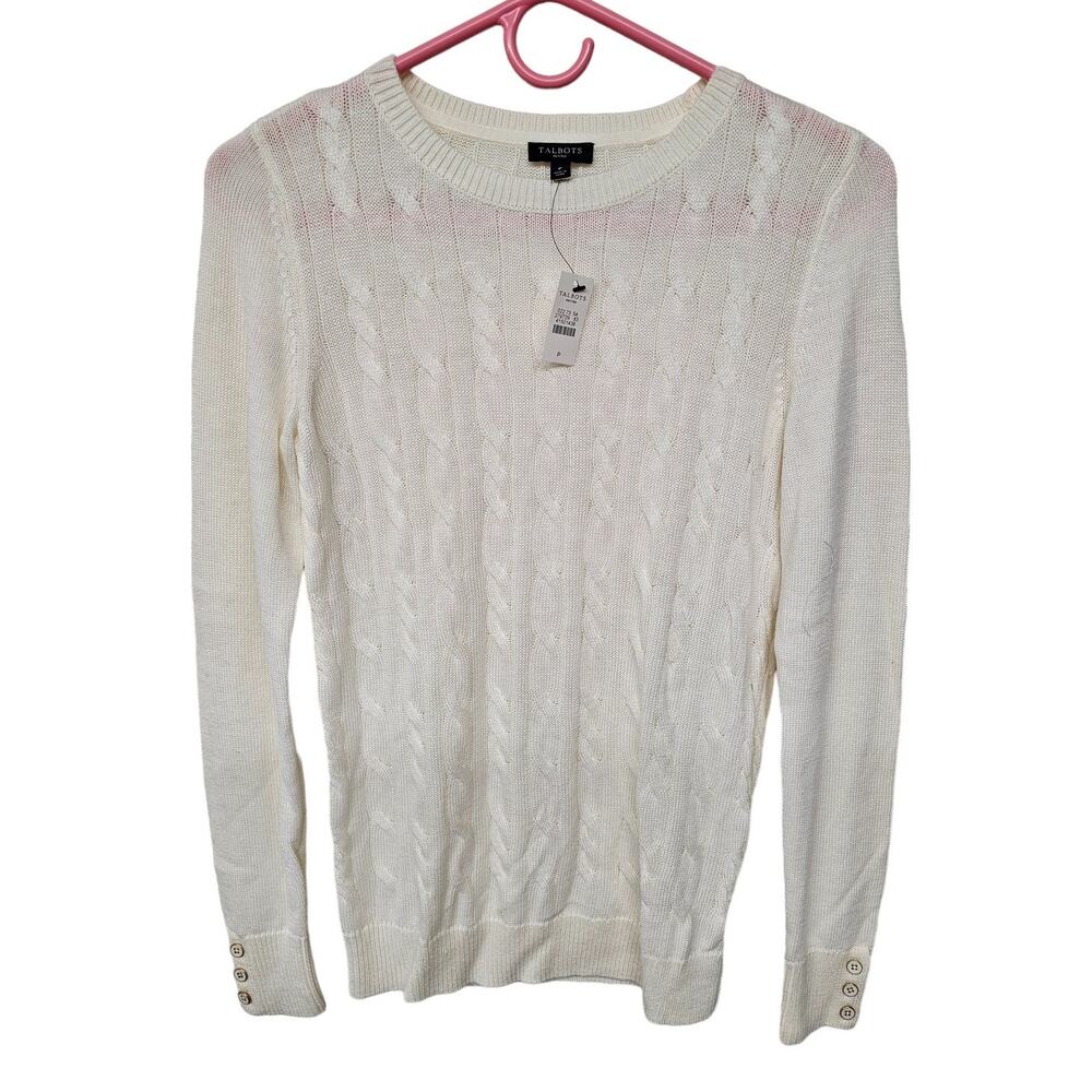 Talbots Lambswool Button Cuffs Cable Knit Sweater Womens Petite White NWT